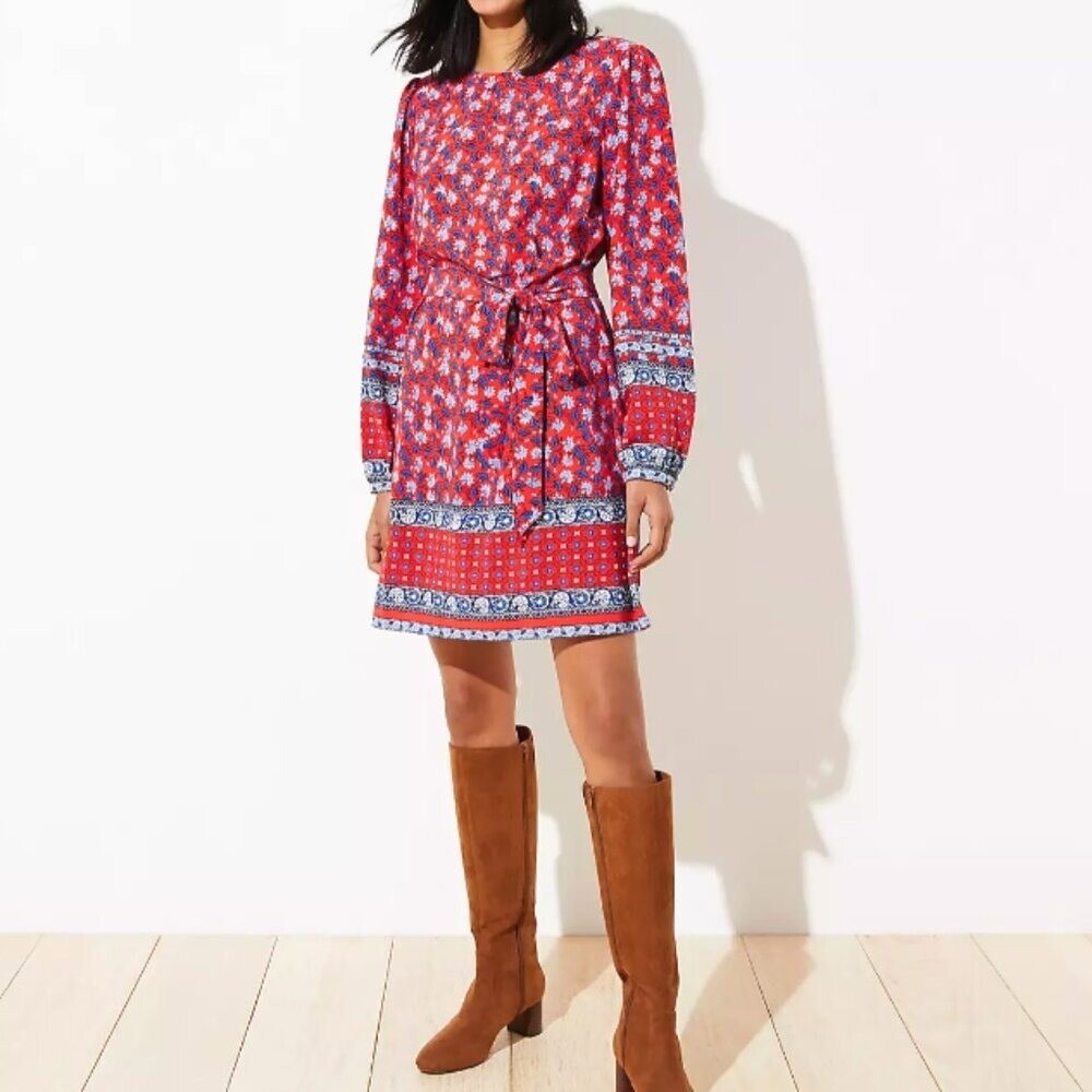 Loft Women Orange Blue Floral Boho Long Puff Sleeve Tie Waist Dress Small Petite - Picture 9 of 11